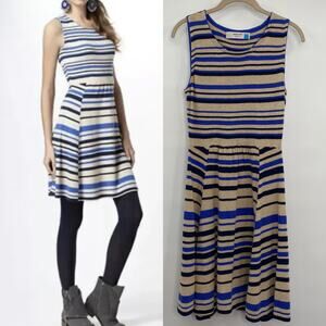 Anthropologie Cashmere Wool Blend Dress Fit and Flare Blue Tan Womens Medium